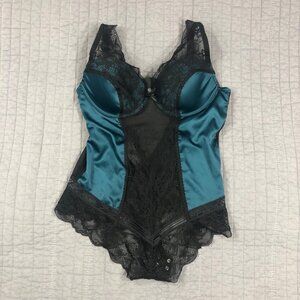 Yamamay Bustier Teddy Bodysuit Women 34B Blue Satin Black Lace Underwire
